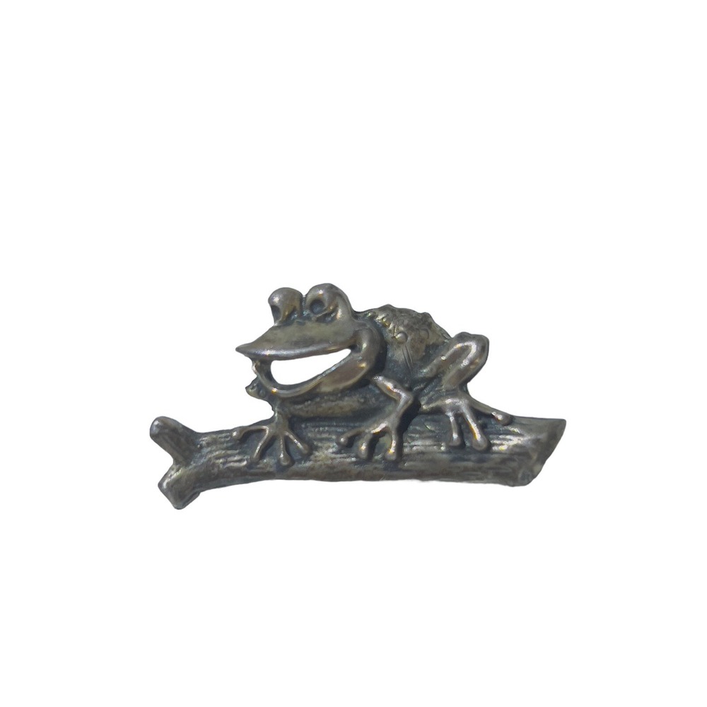 VTG Sterling Silver 925 Brooch Smiling Happy Frog Floating On Log Pin 1.5"x1" 7g